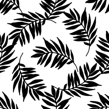 Tasarım şablonu için beyaz arka planda keskin beyaz yapraklı siyah dalların vektörsüz deseni. Elle çizilmiş tropikal bir yaprak. Rastgele kare şeklinde sıralanmış. Bitkilerin siyah ve beyaz dokusu. Çiçekli tropikal orman. Çiçek sırtı.