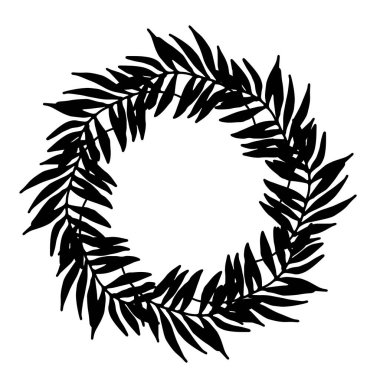 Tropikal yaprakların vektör izole çelengi, çizim tarzında elle çizilmiş. Tasarım şablonu olarak ince ve uzun yaprakları olan bir daldan gelen yazılar için içi boş bir boşluk olan izole bir yuvarlak şablon. Çiçekli tropikal orman. Çiçekli sırt.