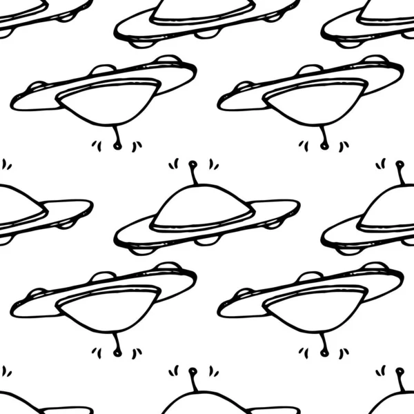 Векторный Бесшовный Рисунок Черного Контура Космического Транспорта Белом Фоне Летающая — стоковый вектор