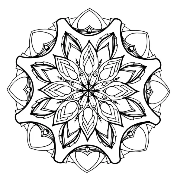 Mandala 'nın elle çizilmiş, izole edilmiş bir çizgisi. Mandala yuvarlak bir çiçektir. Dekorasyon için beyaz arka planda siyah bir çizgi bulunan simetrik taç yaprakları deseni altında stilize edilmiştir. etjik öge — Stok Vektör