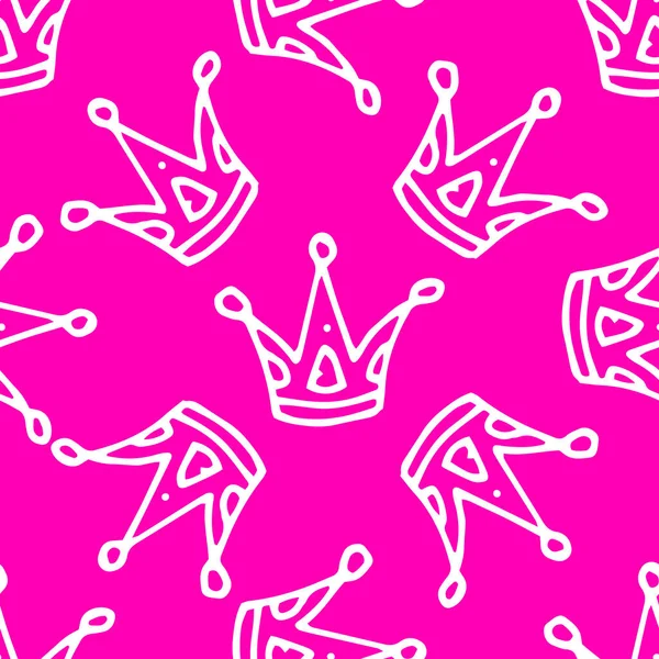 Crown vektör elementinin kusursuz deseni parlak pembe bir arkaplanda beyaz bir çizgi ile el çizimi şeklinde çizilmiştir. Bir kartpostal tasarımı şablonu, tekstil afişleri için basit bir kraliçenin tacının komik, pürüzsüz deseni. Eski bir mücevher.