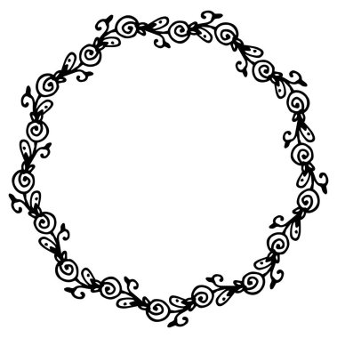 Yapraklı, bukleli ve yuvarlak sarmal meyveli bir çelenk. Vektör illüstrasyon çizimi yuvarlak böğürtlen ve küçük yapraklı yuvarlak vektör tasarım şablonu metin için boş alan... klasik karalama çilekleri yuvarlak çerçeve, her amaç için harika tasarım