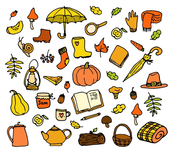 Vector Set Autumn Icons Yellow Orange Colors Hand Drawn Doodle — Stock Vector