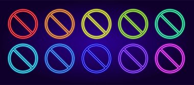 Neon dur işareti vektör kümesi. Neon izole edilmiş çemberler çift hatlı, karanlıkta parlayan farklı renkler yasaklayıcı bir şablon dizaynı bekliyor. Modern neon set dur işareti, her amaç için harika bir tasarım. Lin.