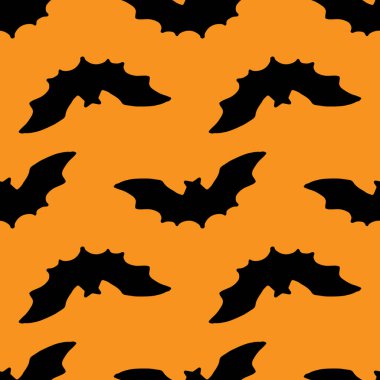 Cadılar Bayramı ambalaj şablonu ve arkaplanı için turuncu bir arka planda siyah yarasa siluetinin pürüzsüz deseni. Uçan bir yarasa sivri kulaklı çizilir karalama tarzı Cadılar Bayramı tasarım şablonunda
