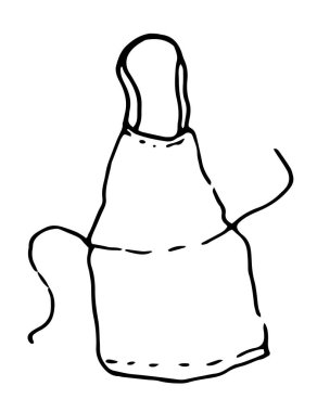 Vektör önlüğü. Tasarım şablonu için beyaz arkaplan üzerine siyah bir çizgi çizilmiş, kravatlı bir mutfak önlüğünün izole edilmiş hali. Mutfak için koruyucu giysi unsuru. Kumaş için karalama mutfak önlüğü.