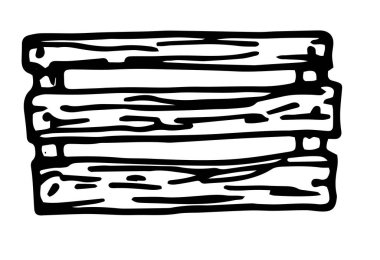 Tahtadan yapılmış bir taşıyıcı kutusu. Karalama tarzında çizilmiş el çizimi bir bahçe kutusu, bir tasarım şablonu için ahşap desenli izole edilmiş siyah bir taslak. Sebze hasadı için boş depolama kutusu. Dekorasyon tasarımı için taşralı tahta sandıklar. Çizim çizimi. C