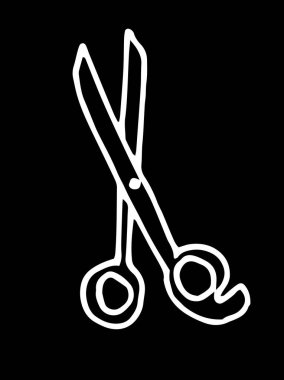 Vektör makası. Tasarım şablonu olarak beyazın izole edilmiş dış hatlarıyla el yapımı karalama tarzı kuaför makası. Güzellik salonunun bir unsuru, saç kesmek için bir makastır. Siyah karalama kuaförlü bir illüdür. 