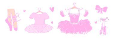 Pembe bale grubu. El çizimi bale eteği, sivri ayaklar, pembeli bir bale stüdyosu için pembeli bir bebek elbisesi ve tasarım şablonu için beyaz bir taslak. Pembe karalama seti pembe beyaz arkaplanda klasik tarzda bale.