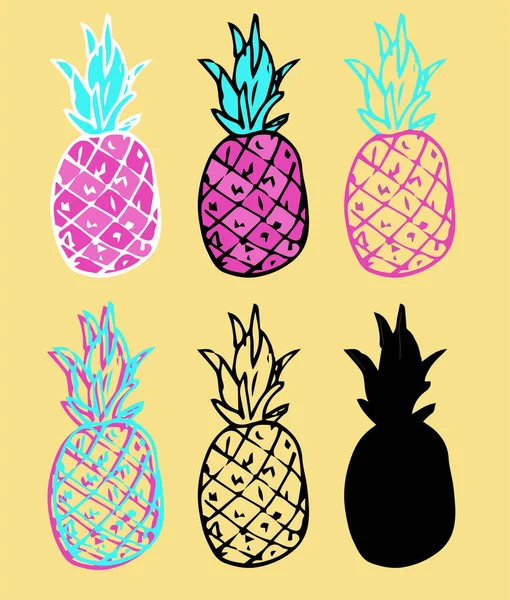 向量粉红色菠萝 绿松石叶 手工绘制的一套孤立的菠萝孤立的轮廓 夏天黄色背景上的黑色轮廓为设计模板 黄色的嘟嘟的菠萝粉色蓝坝上的老式蓝绿色 — 图库矢量图片