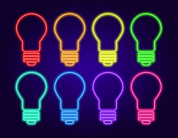 Vektör neon lambası. Farklı renklerde yalıtılmış ampuller dizayn şablonu için karanlık bir arkaplanda parlayan elementler. Bir fikrin, enerjinin ve elektriğin sembolü. İçinde boş bir alan olan ampullerin simgeleri. Neon renkli!