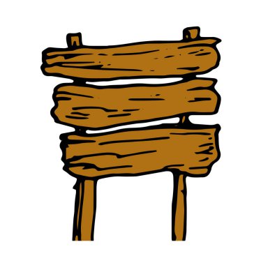 Kahverengi tahta yol tabelasının taşıyıcısı. Elle çizilmiş siyah taslak ve kahverengi renkli vintage ahşap biraz dikdörtgen şekilli tahtalar beyaz bir arka planda direkler üzerinde. Karalama tahtası işaretleyici