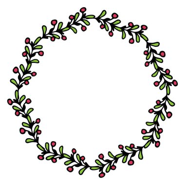 Ökseotu, kırmızı böğürtlen ve yeşil yaprakların vektör çelengi. Yuvarlak kırmızı böğürtlen ve yeşil yapraklarla yuvarlak bir desen. Noel tasarım şablonu için beyaz arka planda boş bir çelenk var. Botanik dekoru.