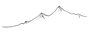 İzole bir vektör çizgisi bir dağ zinciridir. Dağ zirveleri, beyaz arka planda siyah bir çizgi ile elle çizilmiş. Dağ tepeleri bir tasarım şablonu için basit bir karalama tarzı çizimdir