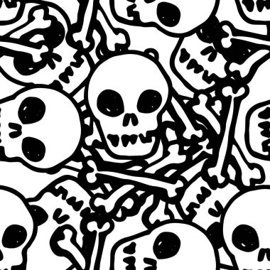 vector seamless pattern of a skull and crossbones. a pattern of a hand-drawn human skull with crossed bones, a black outline is often placed on a fucking background for a Halloween design template. Retro line art design template with black doodle sku