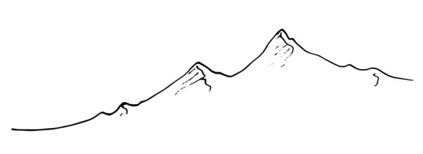 孤立的矢量线是山脉的链子 山的最高峰 是由白底上的黑线手绘的 山顶是设计模板的一个简单的涂鸦式绘图 — 图库矢量图片