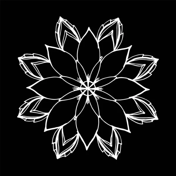 El yapımı vektör mandala. Mandala yuvarlak çiçekli, simetrik desenli siyah çizgili taçyapraklar dekorasyon için beyaz arka planda. Tasarım şablonunuz için izole edilmiş etjik öge — Stok Vektör