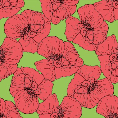 Kırmızı haşhaştan yapılmış vektörsüz desen. Kırmızı renkli çizim tarzında boyanmış bir gelincik çiçeğinin deseni bir tasarım şablonu için beyaz bir arkaplanda rastgele düzenlenmiştir. Yazın vahşi çiçek papazının üstteki görüntüsü Sketch Tex için kırmızı haşhaş deseni çizer