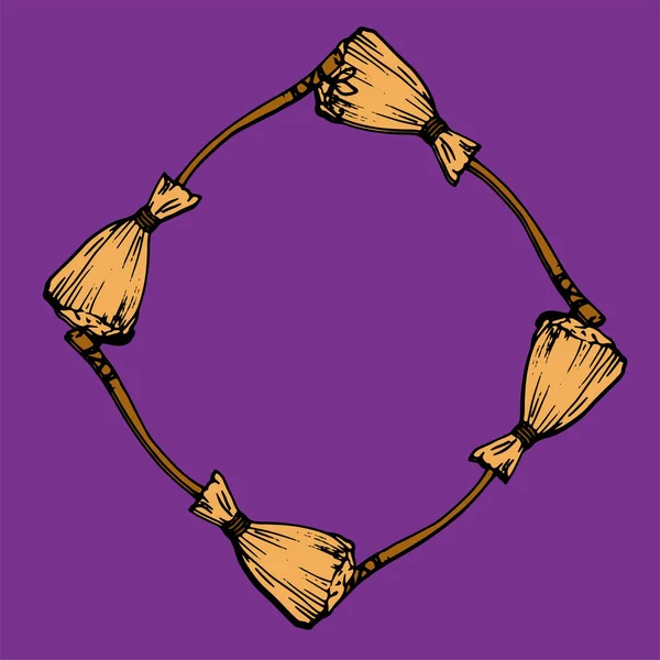 魔女のほうきで作られたベクトルフレーム 黄色のわらで作られたドアスタイルのほうきと生地のための空のスペースを持つ紫色の背景にダイヤモンドの形をした木製のハンドルで作られた空のテンプレート ハロウィーンのテンプレート 手ドラ — ストックベクタ