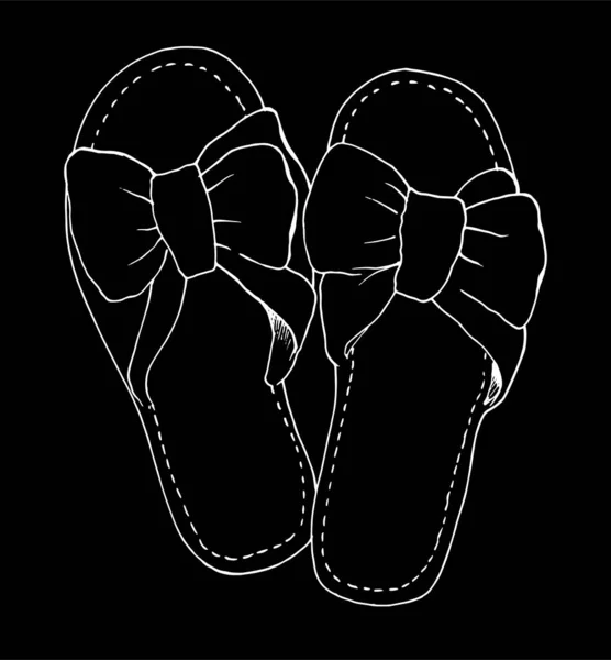 女式拖鞋 手绘家用拖鞋 手绘弓形草图 黑色背景上白色的孤立轮廓 用于标签 包装和标识的老式设计模板 回家的鞋子 有弓的国内拖鞋 Doodle向量 — 图库矢量图片