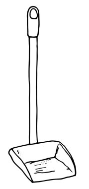 Çöp toplama için vektör faraş. Uzun bir kulptaki eskiz stili süpürme kepçesi, ev temizlik tasarım şablonu için beyaz arka planda izole edilmiş siyah bir ana hattır. Satır seçimi