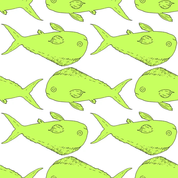 Patrón sin costura vectorial de peces de mar Coryphaena verde.un patrón de un océano dibujado a mano Pez Coryphaea en el estilo de boceto, verde claro, ubicado en diferentes direcciones horizontales sobre un fondo blanco — Vector de stock