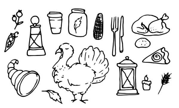 Vector set for Thanksgiving. hand-drawn in doodle style collection of isolated elements, turkey, corn, pie piece, cornucopia, berries, spikelet and lantern black outline on a white background for a — Stock Vector