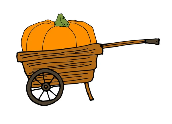 Vektorový zahradní kolečko s dýní. ručně kreslená oranžová dýně v hnědém dřevěném trakaři, boční pohled na bílém pozadí pro podzimní šablonu designu. vintage symbol oříznutí — Stockový vektor