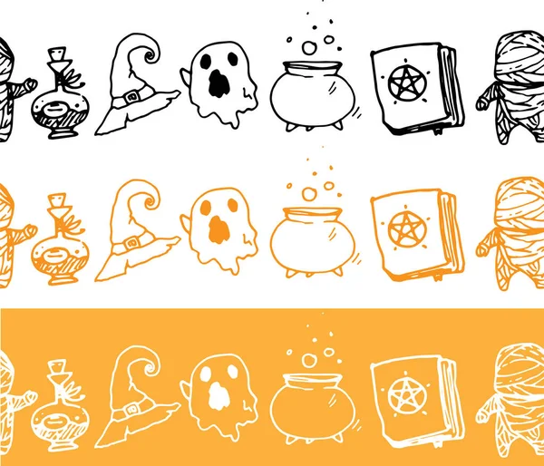 Vector set van naadloze horizontale grenzen voor Halloween. lange stroken doodle geest, ketel, toverdrank, heksenhoed, mummie, spreukenboek, oranje, wit en zwart omtrek op verschillende achtergronden voor de — Stockvector