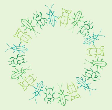 İçinde metin için boş bir boşluk olan yeşil böceklerden yapılmış vektör yuvarlak şablonu. Bir tasarım şablonu için açık yeşil zemin üzerinde karalama yeşili ve turkuaz çizgilerle elle çizilmiş bir böcek çerçevesi düz stil vektör tasarımı. Çizgi çizim biçimi