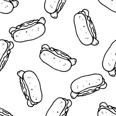 Vektörsüz Hot Dog Pattern.Elle çizilmiş hot dog deseni, karalama tarzında sokak yemeği çöreğin siyah izole edilmiş ana hatları ve sosis menü tasarım şablonu için beyaz arka plan üzerine rastgele dizilmiş. Klasik doodle hot dog şablonu.