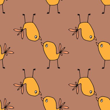 Turuncu bir kuşun kusursuz deseni. Çizgi film tarzında elle çizilmiş turuncu bir kuşun deseni tasarım şablonu için farklı yönlerde yer alır. Klasik karalama kuşları çizgi filmi, her amaç için harika bir tasarım..