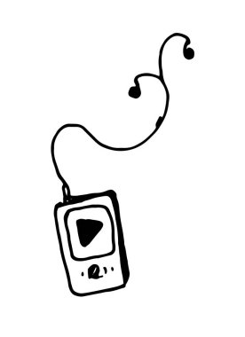 Kulaklık takan vektör mp3 çalar. El çizimi karalama tarzı müzik çalar, telli kulaklıklar, tasarım şablonu için beyaz arka planda izole edilmiş siyah çizgiler. Mobil aygıt tasarımı için Retro simgesi. Vektör özet çizimi.
