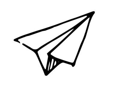 vektör kağıt düzlemi. Bir el çizimi origami tarzı karalama, basit bir uçak, bir tasarım şablonu için beyaz arkaplan üzerinde siyah izole bir çizgi. Uçuşların ve çocukluğun sembolü. Konsept için karalama kağıdı uçak deseni