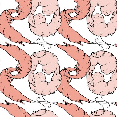 Kırmızı ve pembe karideslerden oluşan kusursuz bir desen. Tasarım şablonu için beyaz bir arkaplan üzerine rastgele yerleştirilmiş kavisli siyah gözlü ve kaynamış pembe renkli el yapımı karides deseni. Rastgele dizayn edilmiş.