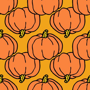 Turuncu balkabaklarının kusursuz deseni. Kırmızı-turuncu renkli karalama stili ile çizilmiş bir balkabağı deseni sonbahar tasarım şablonunun farklı yönlerinde turuncu bir arka planda yer alır. Sarı renkte Doodle çizimi