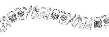 Fast food 'dan yatay taşıyıcı şerit. Hamburger, soğan halkaları, cips, shawarma, tavuk bacağı, patates kızartması, beyaz arka planda izole edilmiş siyah çizgiler..