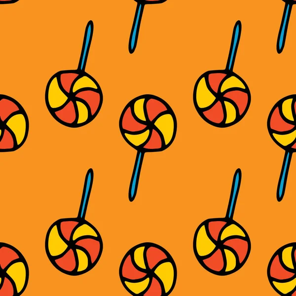 Cadılar bayramı için kusursuz lolipop şablonu. Çubuğun üzerinde sarı turuncu renkli yuvarlak çizgili şekerin bir çizim şekli, bir tatil tasarımı şablonu için turuncu arka planda yer alıyor. Retro doodle cadılar bayramı şekeri, harika tasarım