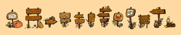 矢量一组指南针 由木材秋天的性质制成 收集古色古香的褐色指针与雕刻元素蜗牛 篮子的橙色背景作为设计模板 秋天的涂鸦木指针 素描风格 — 图库矢量图片