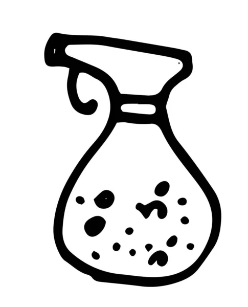 Vector spray bottle, hand-drawn black isolated contour line with liquid inside. texture of bubbles of different sizes on a white background. Spraying equipment is a symbol of cleanliness — Stock Vector