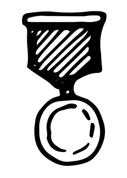 Medal wektora. okrągły medal w stylu doodle na wstążce z teksturą w paski, odizolowany czarny zarys na białym tle dla wzoru. symbol zwycięstwa — Wektor stockowy