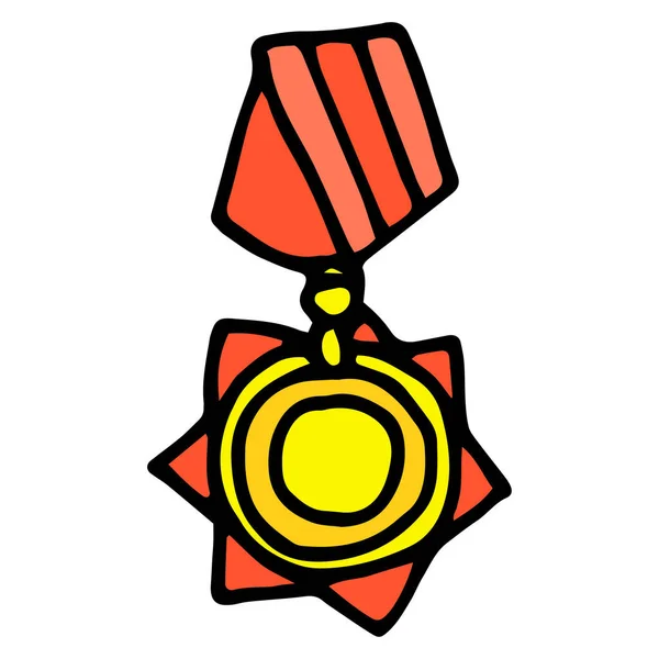 A medalha de ouro redonda de vetor em uma faixa vermelha é um símbolo da vitória. uma fita vermelha desenhada à mão com um contorno preto no estilo doodle, uma ordem de ouro redondo com um ornamento estrela no estilo de um doodle em um — Vetor de Stock