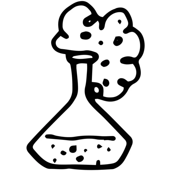 Vector flask with foamed liquid. doodle-style chemical experiment transparent flask with liquid and foam from the neck, isolated black outline on a white background for a design template — Stock Vector