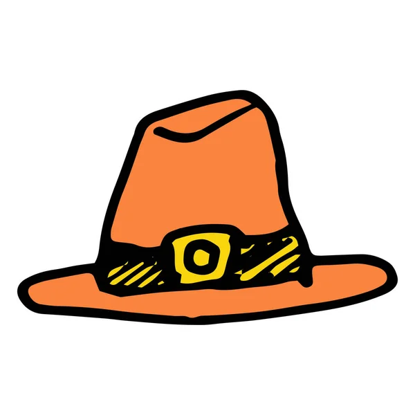 Chapéu de vetor, cor laranja com uma fivela amarela. um chapéu de peregrinos pintado em estilo doodle para o feriado de Ação de Graças outono, um elemento isolado em um fundo branco para um modelo de design — Vetor de Stock