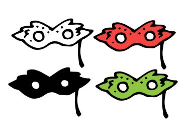 Kırmızı ve yeşil renkli maskeli vektör seti. Karnaval tarzı karnaval maskesi, izole edilmiş siyah taslak ve siluet bir tatil tasarımı şablonu, kartpostallar, etiketler için beyaz arka planda. Çizim stili. Düz biçim.