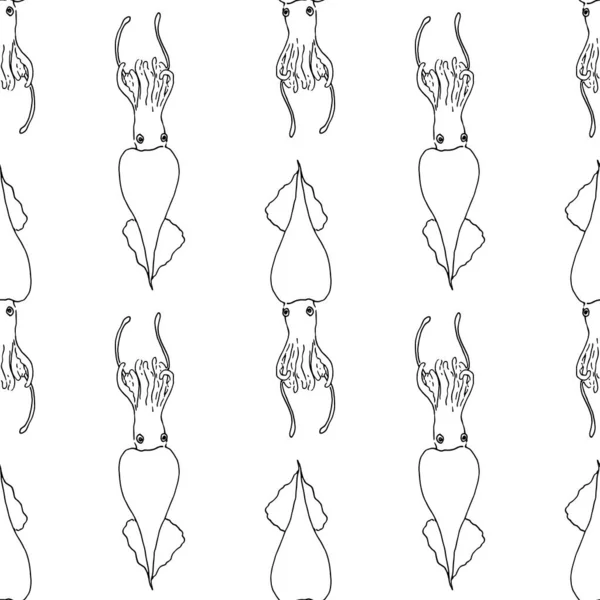Kusursuz mürekkep balığı deseni. Bir tasarım şablonu için beyaz arkaplan üzerinde farklı dikey yönlere dizilmiş izole edilmiş siyah bir kontur çizilmiş şirin bir mürekkep balığının deseni. Dikişler