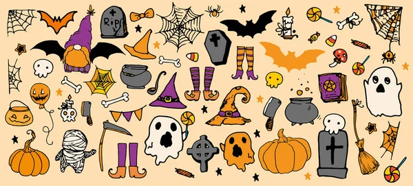 Ein Vektor Set Für Halloween Cartoon Stil Orange Und Lila — Stockvektor
