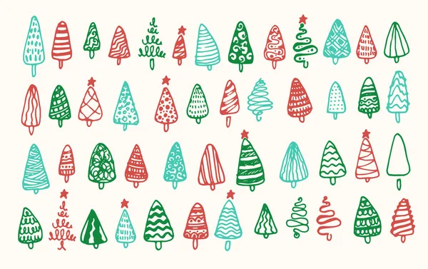 Conjunto vectorial de iconos de árbol de Navidad en colores rojo y verde. árbol de Navidad dibujado a mano conjunto de triángulos de forma simple con textura de línea, rojo, verde y turquesa contorno sobre un fondo blanco para un — Vector de stock
