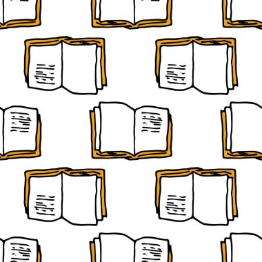 Açık bir kitaptan vektör kalıbı. Bir tasarım şablonu için beyaz arkaplan üzerinde beyaz sayfalar ve kahverengi kapaklı karalama tarzı bir defterden yapılmış kusursuz bir desen. Üzerinde meyve olan bir çocuk kitabından bir desen. 