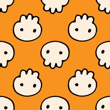 Cadılar Bayramı için kusursuz bir kafatası şekli. Bir Cadılar Bayramı şablonu için turuncu arka planda siyah bir çizgi ve karalama tarzında çizilmiş şirin beyaz kafatasının vektör deseni. Sarı arkaplanda düz bir simge.